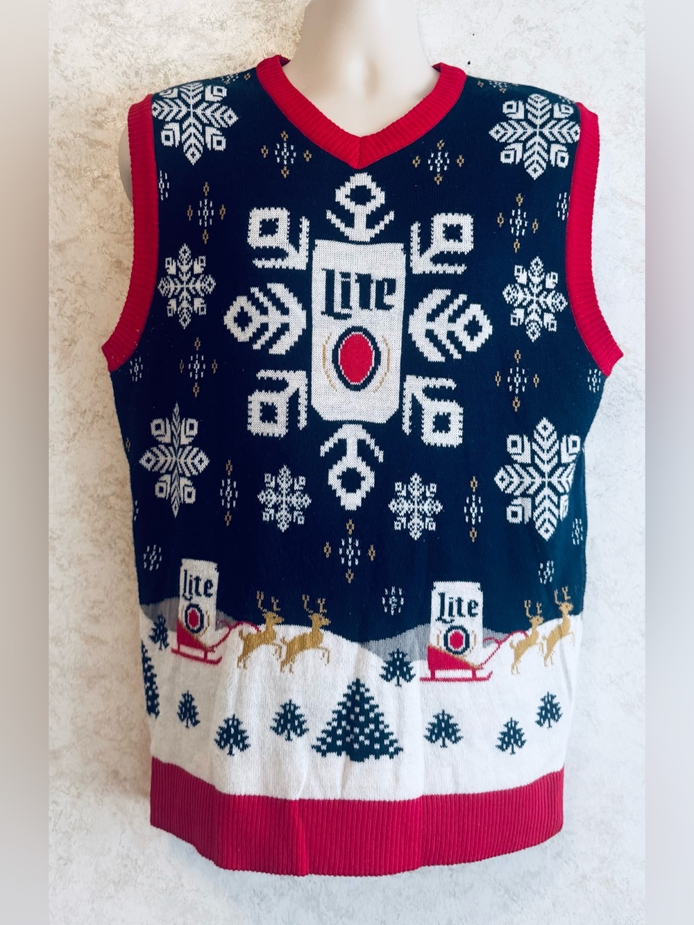 Miller Lite Christmas Sweater Vest Snowflake Reindeer Beer Men's Size Medium